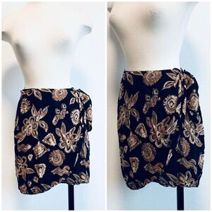 Vintage Judy Knapp Black Floral Mini Skirt Sarong Ruffle Wrap Small S